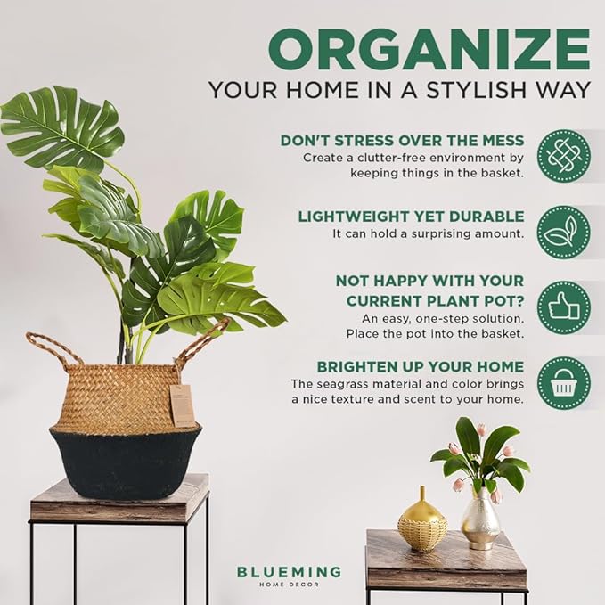 Blueming Home Wicker Plant Basket – Medium Seagrass Planter Pot for Faux Olive Trees or Houseplants, Decorative Woven Black Bottom Wicker Planter for Living Room, Shelf, or Entryway