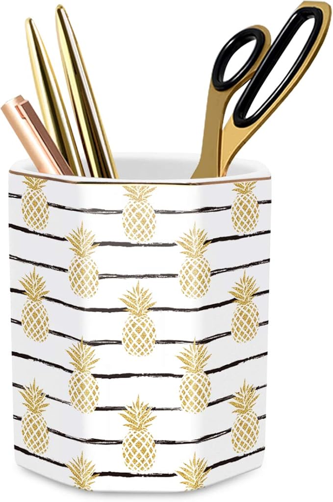 WAVEYU Pen Holder, Pencil Holder for Desk Pineapple Pattern Pencil Cup for Girls Kids Durable Ceramic Desk Organizer Makeup Brush Holder for Office, Classroom, Home, Yellow Pineapple