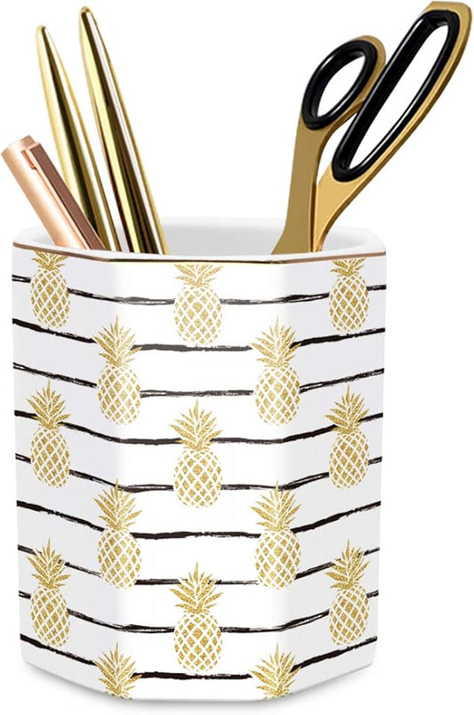 WAVEYU Pen Holder, Pencil Holder for Desk Pineapple Pattern Pencil Cup for Girls Kids Durable Ceramic Desk Organizer Makeup Brush Holder for Office, Classroom, Home, Yellow Pineapple