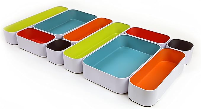 Three by Three Seattle 10-Piece Metal Organizer Tray Set for Storing Makeup, Stationery, Utensils, and More in Office Desk, Kitchen and Bathroom Drawers (2 Inch, Assorted Colors)