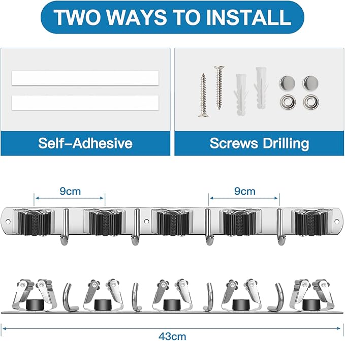 IMILLET Broom Holder Wall Mounted, Stainless Steel Broom Mop Holder Self Adhesive Heavy Duty Hooks Storage Organizer for Home Laundry Room Garden Garage Closet Kitchen 1 Pack（5 Racks with 4 Hooks）