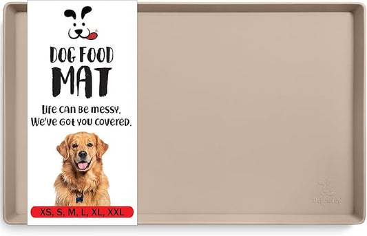 DogBuddy Dog Food Mat – Waterproof Dog Bowl Mat for Food and Water, Silicone Pet Feeding Mats for Floors, Non-Slip Placemat with High Edges for Dogs Bowls, Puppy Essentials (XL: 28" x 18", Taupe)