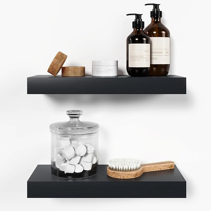 Homeforia 16 inch Black Floating Shelves, High-End Solid Real Wood 16-inch Bathroom Floating Shelves for Wall Mounted, 16in Wooden Small Floating Shelf, Heavy Duty Bracket, 16 x 6.5 x 1.75 in, Set of 3