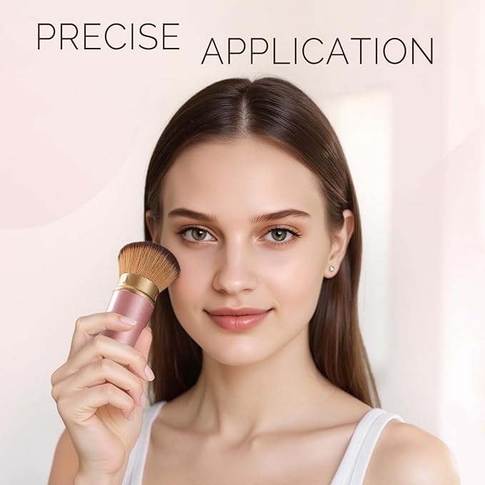 Retractable Kabuki Makeup Brush - Portable Travel Face Brush with Cover, Soft Synthetic Bristles for Blush, Bronzer, Powder, Foundation & Sunscreen, Flawless Application On-the-Go (Rose gold)