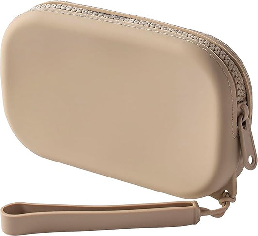 JOVAKIT Small Portable Silicone Makeup Bag for Women, Travel Waterproof Toiletry Cosmetic Bag Gifts for Women, Zipper Closure Makeup Case with Handle (Khaki)