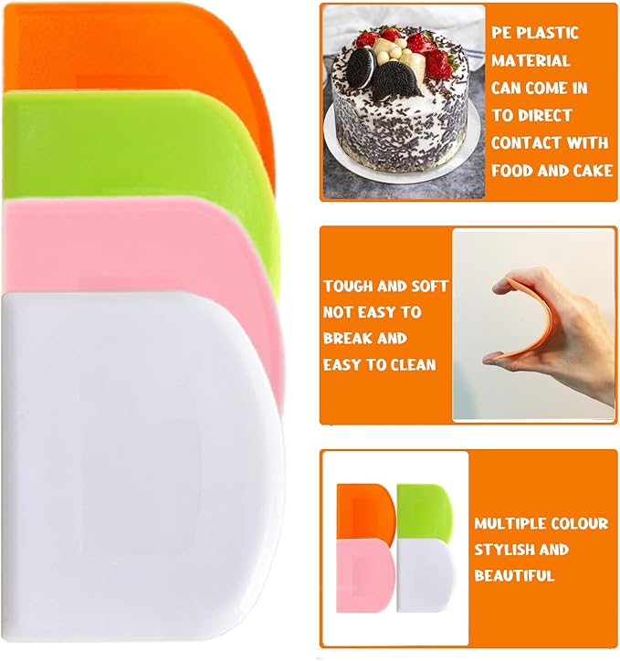 Dough Scraper Bench Scraper for Baking, 4 PCs BPA Free PE Plastic Flexible Bowl Scraper, Food-safe Plastic Dough Cutter for Bread Cake Dough Fondant Icing (White, Green, Orange, Pink)
