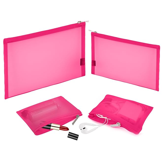 EASYFUN Mesh Pouch, Makeup Bag with Zipper, Cosmetic Organizer Pouch for Daily or Travel to Keep Small Items, 4 PCS Rose Red