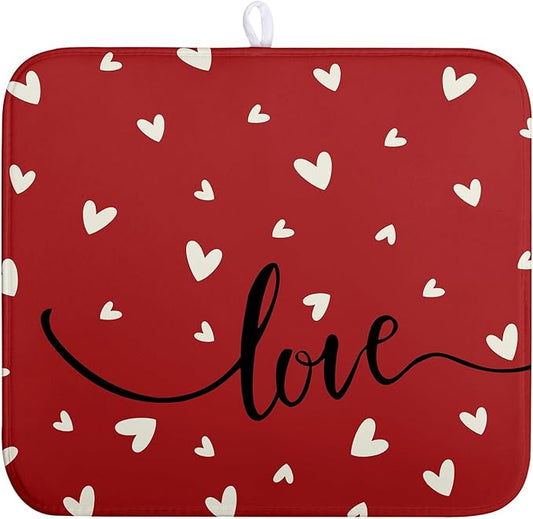 Valentines Day Dish Drying Mat 18x24 Inch Valentine Red Love Heart Drying Mats for Kitchen Counter Super Absorbent Microfiber Medium Dish Drying Pad Heat Resistant Dish Draining Rack Mat
