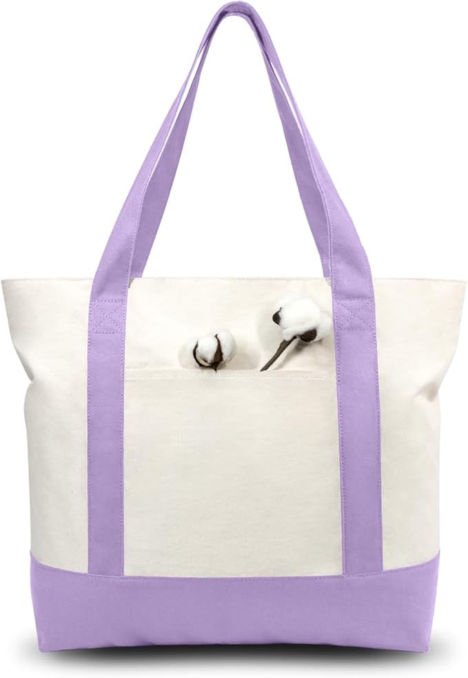 TOPDesign 3-Pack Canvas Tote Bags with an External Pocket, Reusable Grocery Shopping Bags, Top Zipper Closure, Daily Essentials (Lavender/Natural)