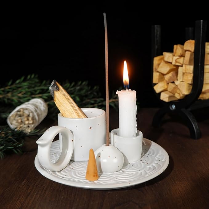 5-in-1 White Ceramic Palo Santo Burner & Holder - Small Candle and Smudge Tray for Incense Sticks & Cones, Sage, Zen Meditation Altar Accessory – Compatible with Matches for Aromatic Scents