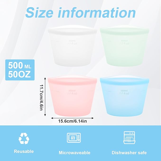 4-Pack Reusable Silicone Food Storage Bags, Stand-Up Pinch-Seal Design, BPA-Free, Microwave & Dishwasher Safe, Mixed Colors (17 oz)