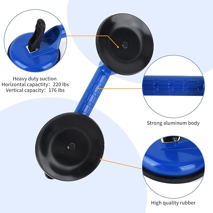 Suction Cups Heavy Duty Aluminum Vacuum Plate Handle Glass Holder Hooks to Lift Large Glass/Tile Lifter/Moving Glass/Pad for Lifting/Dent Puller (Blue,2 Pack)