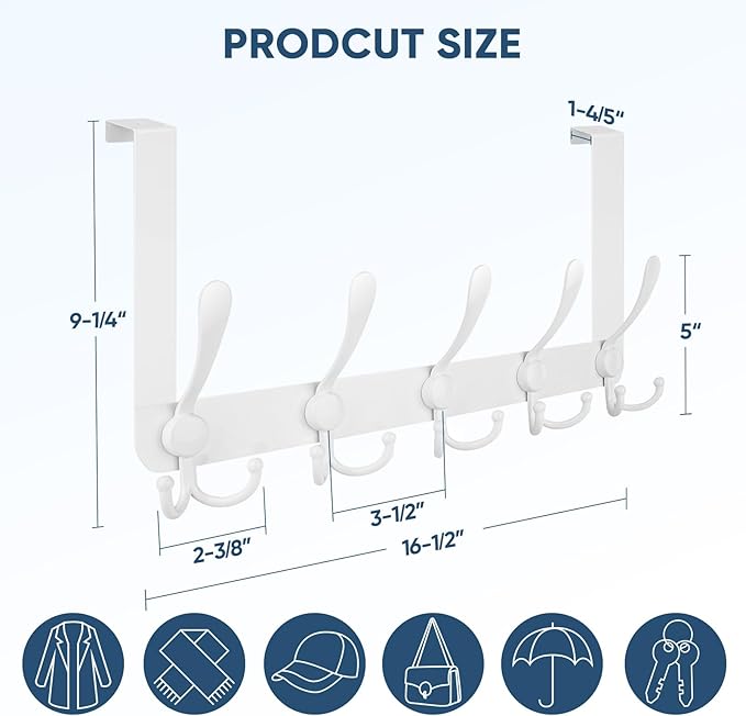 TICONN Over The Door Hooks, 5 Heavy Duty Tri Coat Rack All Metal Coat Hanger for Bathroom Bedroom Dorm (White, 2PK, Fit 1-3/4" Doors)