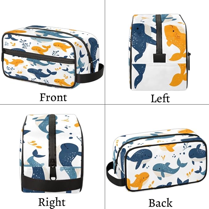 Whales And Seaweed Travel Toiletry Bag for Women, Waterproof Cosmetic Makeup Bag with PU Handle & Zipper, 2 Compartment Portable Shaving Bag for Bathroom, Gym, Business Trips