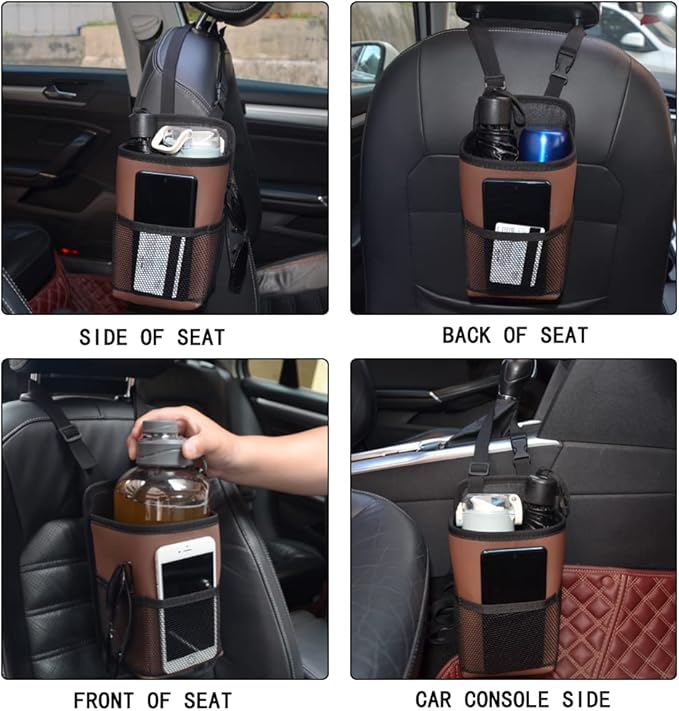 2 in 1 Large Cup Holder, 80 oz Auto Water Bottle Holder Bag, Bottles & Big Drinks. Hanging Multi-Function Mini Car Seat Side Organizer, Phones, Stuff Holder with Mesh Pocket for Cars, SUV & Truck