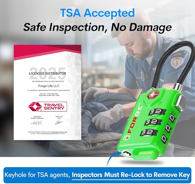 Forge TSA Approved Luggage Locks, Resettable Combination with Alloy Body (Green 2 Locks)