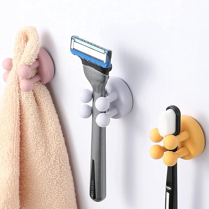 Silicone Toothbrush Holders - 4 Pcs Razor Hooks, Adhesive Wall Mounted for Hanging Towels, Keys, Plugs, Cables, Utility Decor. Stick-on Essentials for Dorm Rooms, Kitchens, Bathrooms, Home, Office.