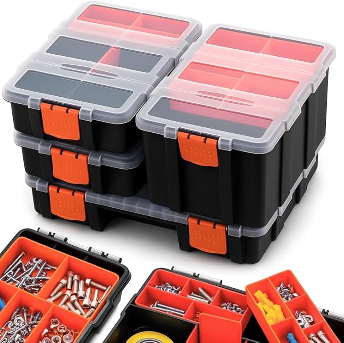 Andalus Tools Organizer Box, Small Parts Storage Multi-Compartment Portable Hardware Organizer Removable Plastic Dividers for Screws, Nuts, Bolts, Nails – Orange (4 Set, 12.2" x 9.1" x 7")