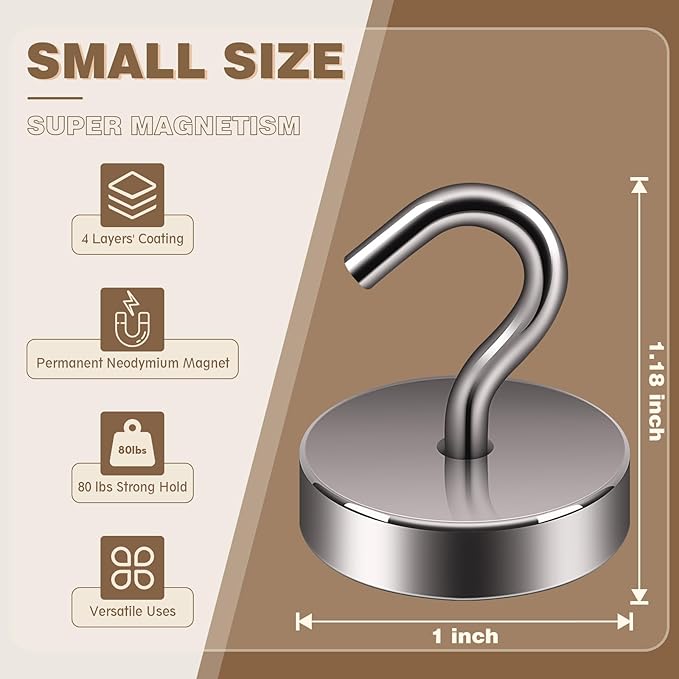 Neosmuk Magnetic Hooks, Cruise Ship Essentials, 80lb+ Heavy Duty Magnetic Hooks for Cruise Cabins, Refrigerator, Grill, Hanging, and Travel | Extra Strong Must-Haves Magnet Hook,Grey