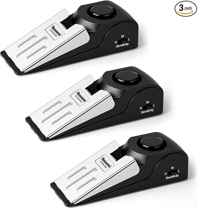 3 Pack Door Stop Alarm, Door Stopper with 120DB Security Alarm, Floor Wedge Door Stop Siren, Door Security Devices for Traveling, Apartment, Hotel and Home, Black