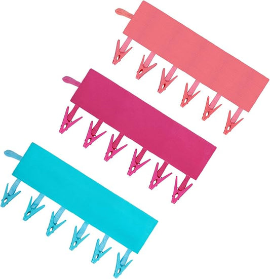 Travel Hangers for Cruise & Hotel – Foldable and Magnetic Clothes Line with Sock Drying Rack – Perfect for Traveling and Compact Storage，Hanger with 6 Clips Pack of 3（Red, Blue, Rose red）