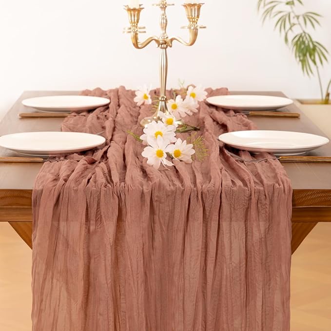 Socomi 3pcs Dusty Rose Summer Cheesecloth Table Runner Boho Rustic Gauze 120 inch 10FT Cheese Cloth Sheer Runner for Wedding Party Baby Shower Birthday Home Decor Holiday Decorations