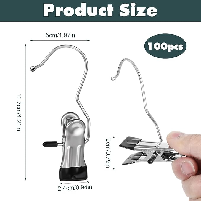 100 Pack Boot Hanger Clips Hooks, Heavy Duty Laundry Hooks with Clip, Portable Stainless Steel Clothes Pins Boot Clips for Hanging, Socks Towels Hats Pants Holder for Travel, Closet