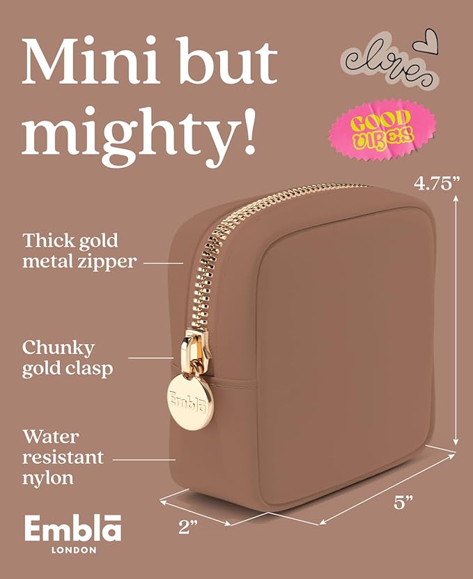 Embla Makeup Bag Travel Cosmetics Pouch and Toiletry Bag, Nylon Zipper Pouch Purse, Cute Make Up Organizer Storage Tote for Women Girls, Travel Skincare Case, Small Makeup Bags, Mocha Mousse