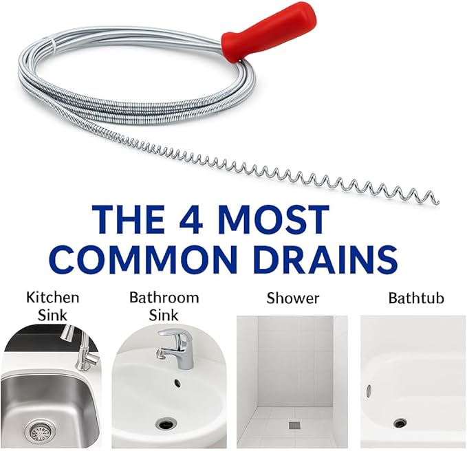Drain Snake Clog Remover 10 Ft Flexible Metal Plumbing Snake for Sink, Shower, Tub & Bathroom Drain – Removes Hair & Grease – No Chemical Drain Cleaners Needed