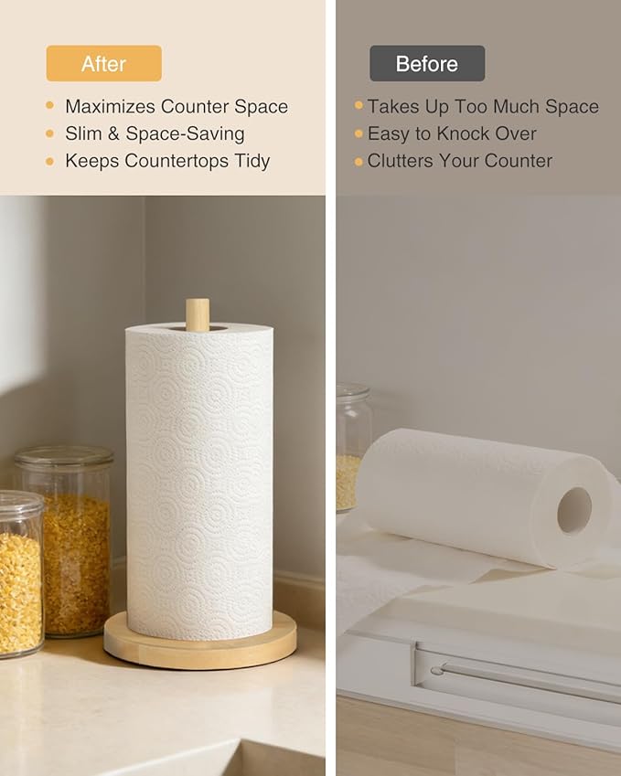 NESAPTO Paper Towel Holder Countertop, Wooden Freestanding Paper Towel Stand for Modern Farmhouse & Cottagecore Decor, Kitchen Bathroom Essential, Natural Color