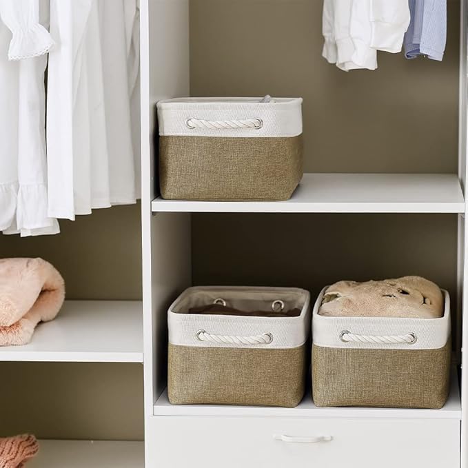TheWarmHome Storage Basket for Organizing - 14x10x7 inch Medium 3 Pack Collapsible Storage Bin for Shelves with Handles, Canvas Storage Box for Organizer Cubes Cloth Gift Toy Closet (White & Khaki)