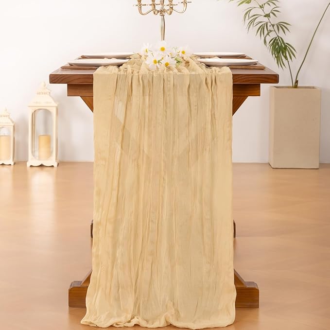 Socomi 3pcs Gold Champagne Cheesecloth Table Runner Summer Boho Rustic Gauze 120 inch 10FT Cheese Cloth Sheer Runner for Wedding Party Baby Shower Birthday Home Decor Holiday Decorations