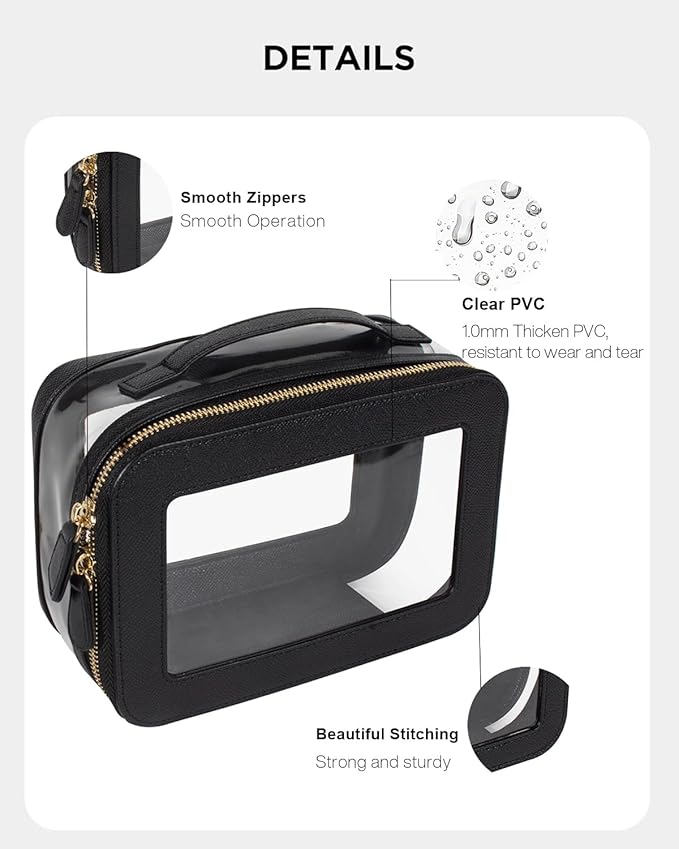Clear Makeup Bag Set, Small Portable Clear Makeup Bag Cute Waterproof Travel Cosmetic Bag Makeup Pouch TSA Approved Toiletry Bag Women Traveling Car Organizer Car Essentials (Black, Standard + Mini)