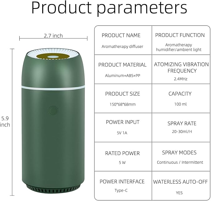 Car Diffuser for Essential Oils Portable Mini Ultrasonic Mist Humidifier 100ml USB Aromatherapy Diffuser Freshener with Colorful Lights for Small Space Home Office Bedroom (Green)