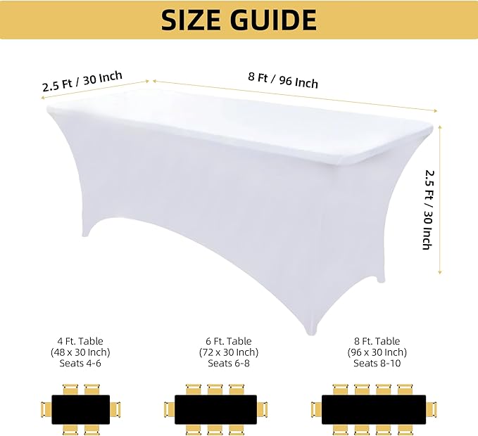 ZarzaaSik 10-Pack 8ft White Spandex Table Covers for Rectangle Folding Tables - Washable Elastic Tablecloth - Ultimate Fitted Table Protector for Parties, Trade Shows, Banquet, and Wedding