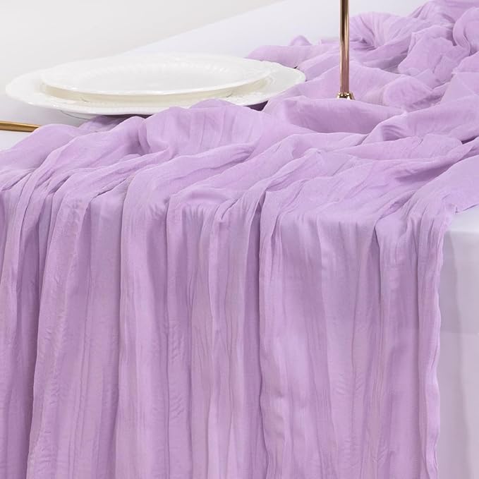 Socomi 10pcs Lilac Purple Lavender Cheesecloth Table Runner Boho Rustic Gauze 120 inch 10FT Cheese Cloth Sheer Runner for Wedding Party Baby Shower Birthday Home Decor Holiday Decorations