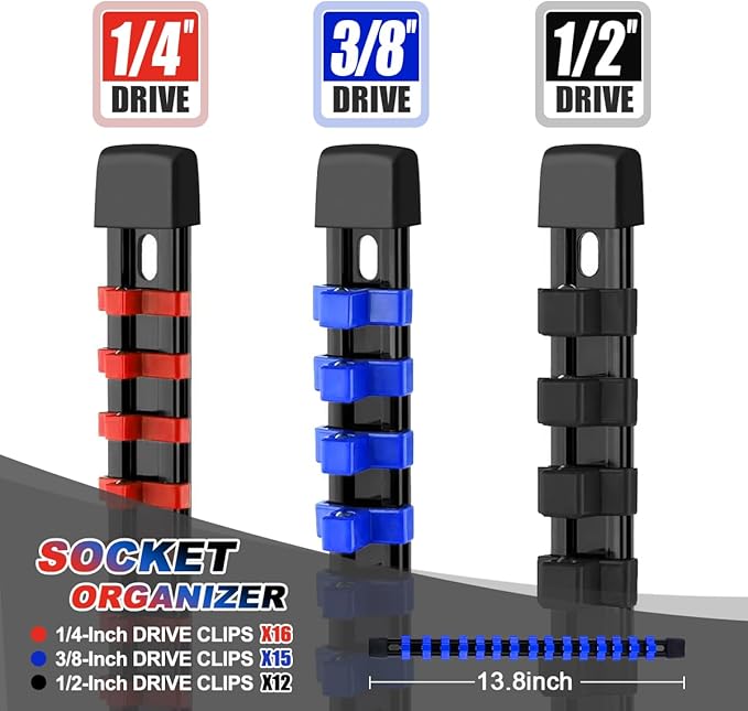 3-Piece Socket Organizer Rail Set, Heavy Duty Socket Holder for 1/4", 3/8", 1/2" Drive, 43 Clips Spring Loaded Ball Bearings for Metric & SAE Sockets, Portable Tool Tray for Toolbox Drawer