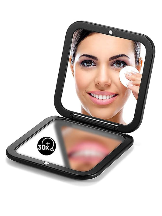 OMIRO Folding Compact Mirror, 1X/30X Magnification 3½” Pocket Size Square Hand Mirror for Travel Makeup (Black)