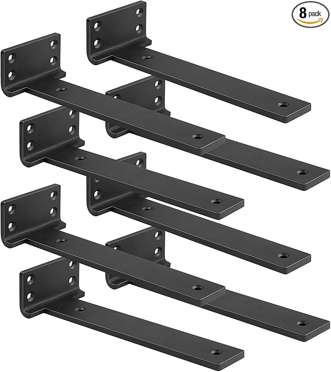 Floating Shelf Brackets 8 inch 8 Pack L Brackets for Shelves Black Metal Heavy Duty Shelf Bracket for DIY Decorative with Mounting Hardware