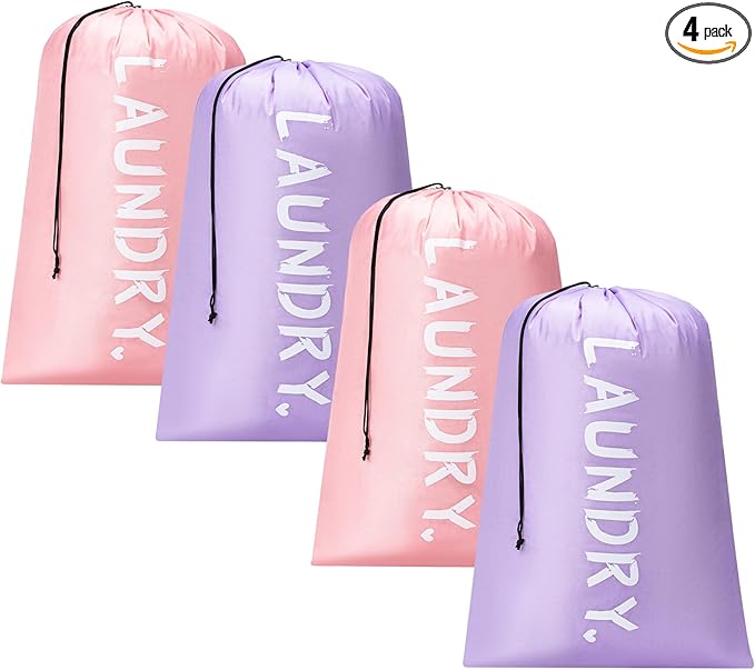 4 Pack XL Travel Laundry Bag, Machine Washable Dirty Clothes Organizer with Drawstring, Large Enough to Hold 4 Loads of Laundry, Easy Fit a Laundry Hamper or Basket Travel Essentials 24" x 36"