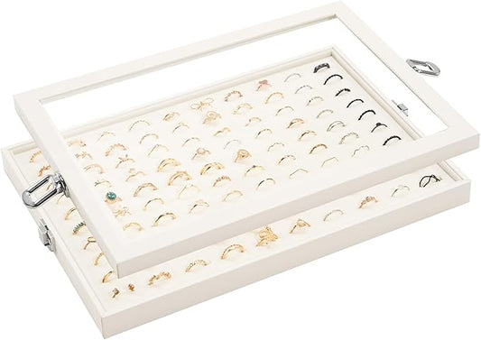 Lolalet Jewelry Organizer Tray with Lid, 100 Grids Velvet Ring Organizer Holder Storage Box for Drawer -Beige
