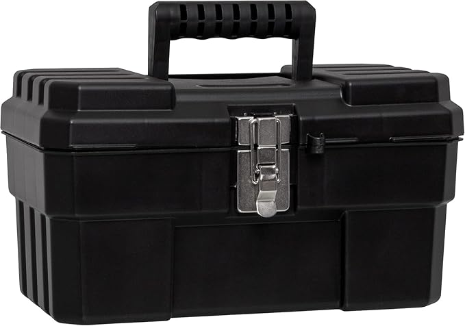 Akro-Mils 14-Inch Plastic Toolbox with Removable Tray, Steel Latch & Padlock Eye, Industrial-Grade Tool Box for Tools, Crafts, First Aid & Hobby Supplies, 14" x 8" x 8", Made in USA, Black (09514)
