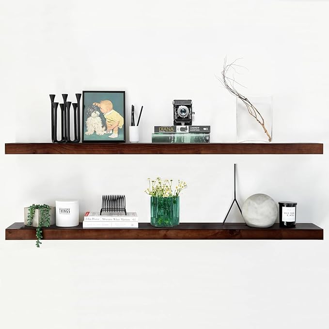 Homeforia Walnut 60 inch Floating Shelf, High-End Solid Real Wood 60-inch Long Floating Shelf for Wall, Dark Brown Wooden 60-inch Large Floating Shelves, Heavy Duty Bracket, 60 X 6.5 X 1.75 inch, Set of 3