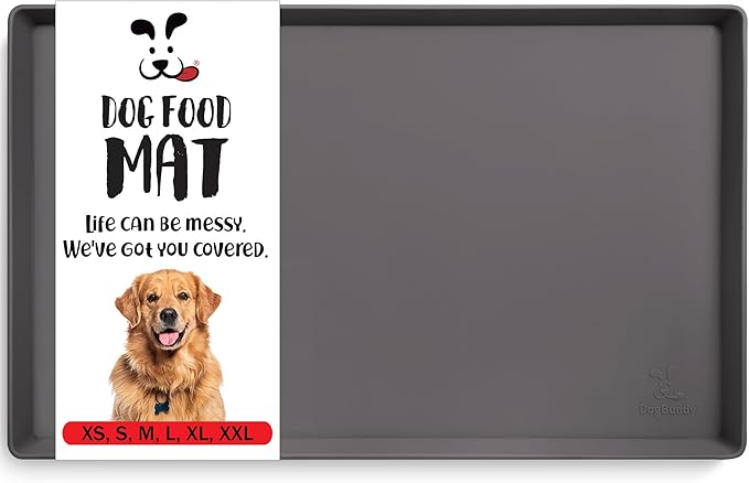 DogBuddy Dog Food Mat – Waterproof Dog Bowl Mat for Food and Water, Silicone Pet Feeding Mats For Floors, Non-Slip Placemat with High Edges For Dogs Bowls, Puppy Essentials (XL: 28" x 18", Shadow)