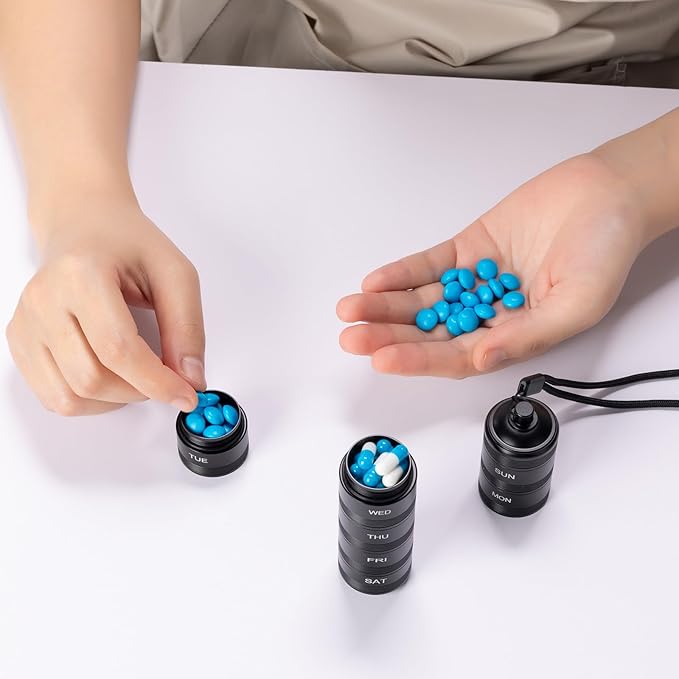 Portable Travel Pill Organizer - Metal Waterproof Pill Box, Small Compact Weekly Aluminum Alloy Container, 7 Day Daily Medicine Organizer Holder for Small Pills, Black S