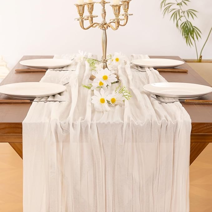 Socomi 6pcs Ivory White Cheesecloth Table Runner Summer Boho Rustic Gauze 120 inch 10FT Cheese Cloth Sheer Runner for Wedding Party Baby Shower Birthday Home Decor Holiday Decorations