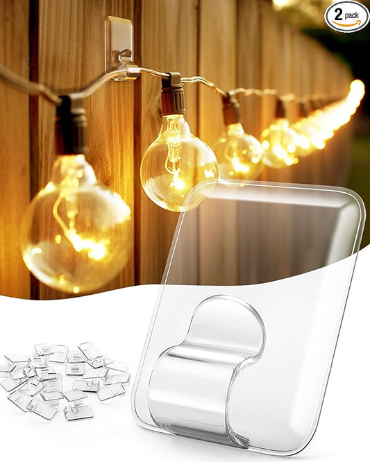 LZC Hooks for Outdoor String Lights Clips: 40 Pack Large Clear Rectangle Outdoor Light Clips Waterproof Adhesive Strips - Heavy Duty Outside Hanging Cable Rope Light Holders Organizer