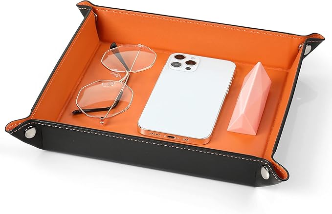 Valet Tray for Men Women, Nightstand Organizer Vanity Catchall Holder for Dresser Desk Storage Bedside, Travel PU Leather Jewelry Key Bowl EDC Watches and Candy Entryway Tray - Large