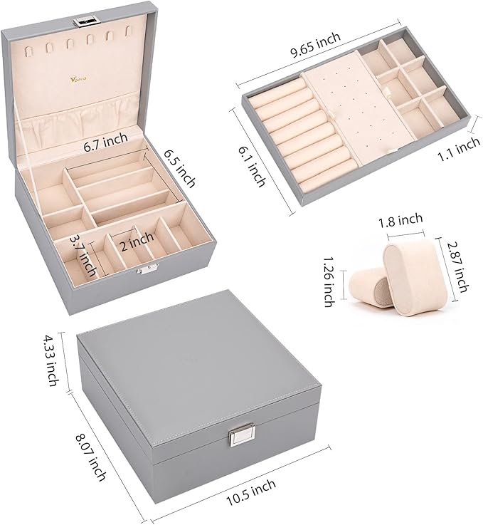Voova Jewelry Box Organizer for Men Women, 2 Layer 5 Slot Watch Storage Case with Removable Tray, PU Leather Large Jewellery Holder Display for Watches Sunglasses Rings Earrings Necklace, Grey