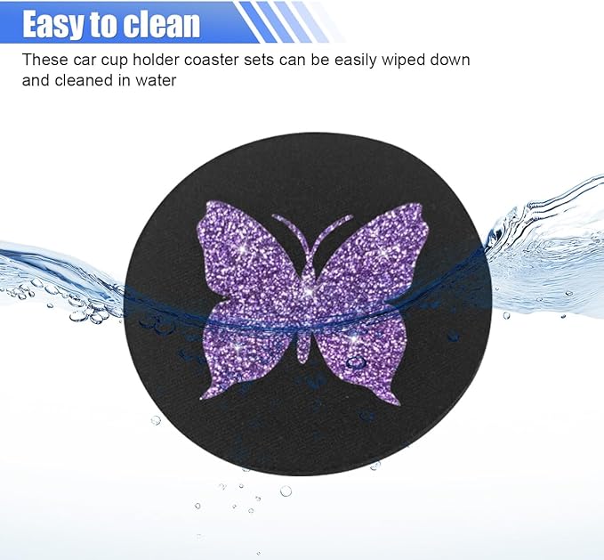 2PCS Bling Butterfly Car Coasters, 2.75'' Anti Slip Insert Cup Holder Coaster, Rhinestone Vehicle Cup Holder Decoration Pad, Universal Auto Interior Drink Water Bottle Mat Accessory (Purple)
